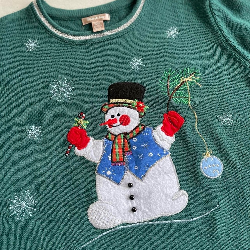 White Stag Lightweight Green Knit Embroidered Christmas Snowman Sweater XL - Picture 4 of 6